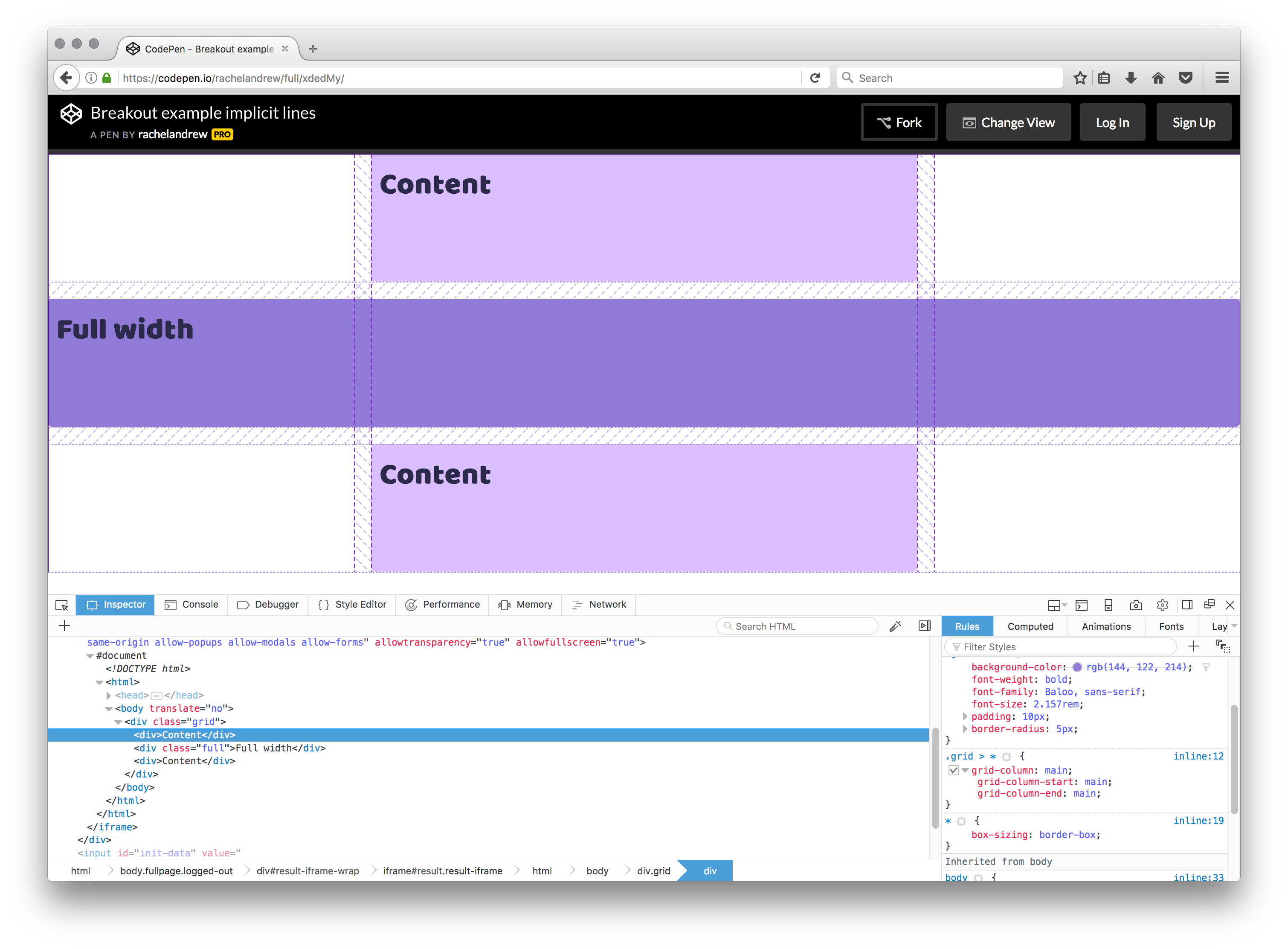 The grid highlighted with Firefox DevTools.