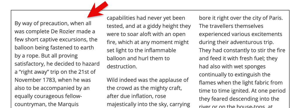 Text arranged into three columns, there is a margin applied to the top of the first column which means the start edge of the three columns doesn't line up.